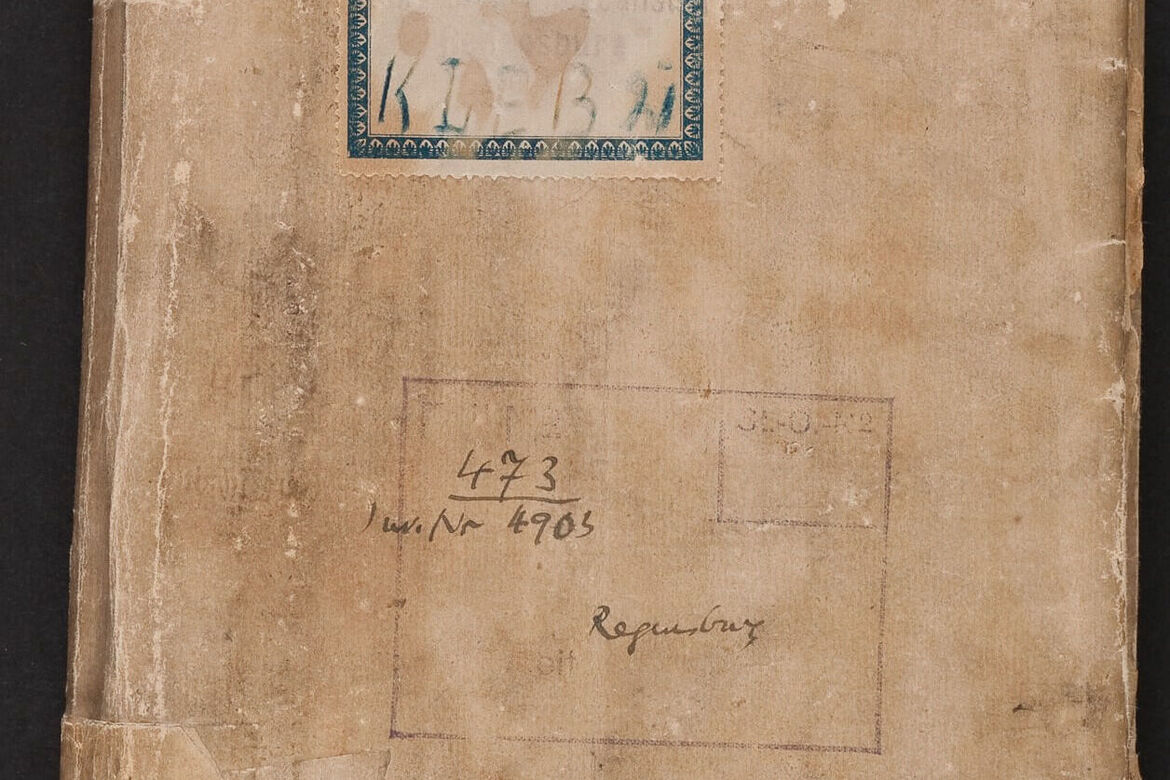 Franz Kleber, Book with wormholes, c. 1899-1906, cardboard, newspaper, thread, 18 × 13.5 cm, inv. no. 4903
